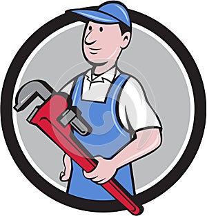 Handyman Holding Pipe Wrench Circle Cartoon