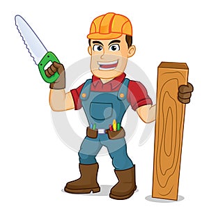 Handyman holding saw and wood plank