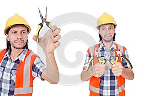 Young construction worker with nippers isolated on white