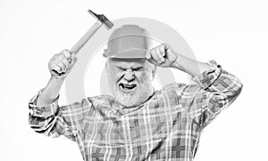 Handyman home repair. Experienced engineer. Repairing or renovating. Home improvement repair. Man bearded laborer wear
