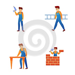 Handyman icons set cartoon vector. Team of worker with tool and equipment