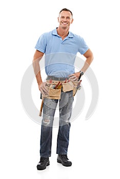 Handyman, industry and portrait of a man in studio with a tool belt for repairs or maintenance. Happy, smile and full