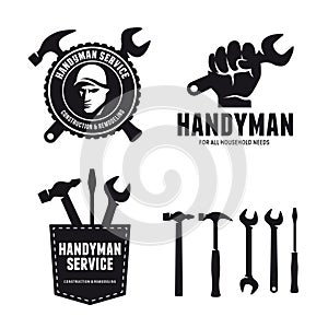 Handyman labels badges emblems and design elements. Carpentry related vector vintage illustration.