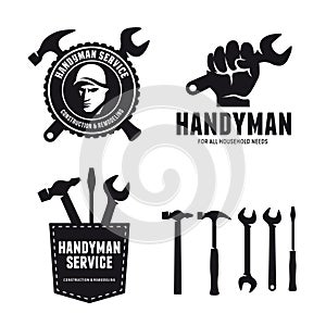Handyman labels badges emblems and design elements. Carpentry related vector vintage illustration. photo