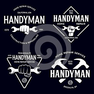 Handyman labels badges emblems and design elements. Tools silhouettes. Carpentry related vector vintage illustration