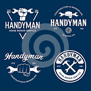 Handyman labels badges emblems and design elements. Tools silhouettes. Carpentry related vector vintage illustration