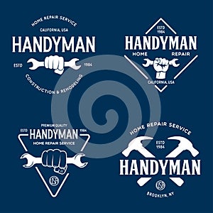 Handyman labels badges emblems and design elements. Tools silhouettes. Carpentry related vector vintage illustration