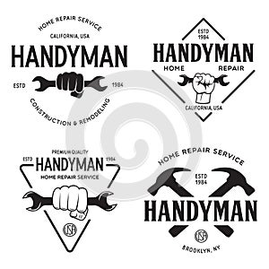Handyman labels badges emblems and design elements. Tools silhouettes. Carpentry related  vintage illustration
