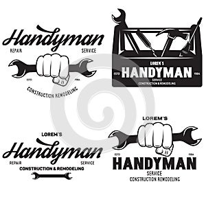 Handyman labels badges emblems and design elements. Tools silhouettes. Carpentry related  vintage illustration photo