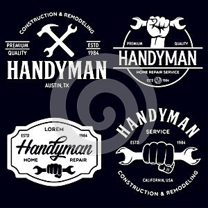 Handyman labels badges emblems and design elements. Tools silhouettes. Carpentry related vector vintage illustration