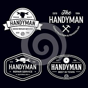 Handyman labels badges emblems and design elements. Tools silhouettes. Carpentry related vector vintage illustration