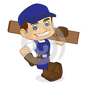 Handyman leaning on empty space carrying wood plank