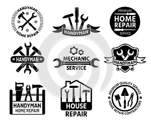 Handyman logo. Mechanic and home repair service logos with construction and handy tools, wrench and hammer. Builder