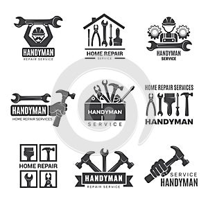 Handyman logo. Worker with equipment servicing badges screwdriver hand contractor man vector symbols