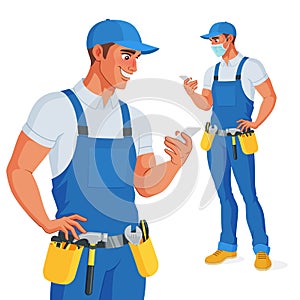 Handyman in overalls and tool belt checking his phone. Vector illustration.