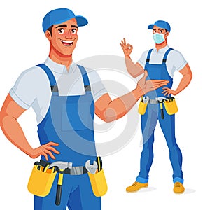 Handyman in overalls and tool belt presenting and showing OK. Vector illustration.