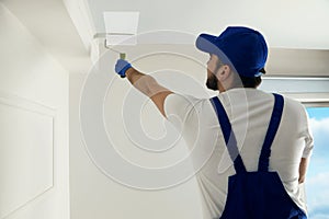 Handyman painting ceiling with white dye, back view