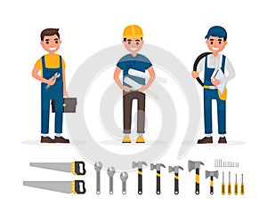 Handyman, plumber, foreman, engineer and builder elements collection with various people actions. Set of workers and