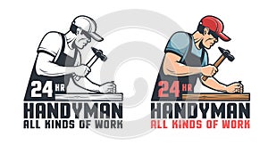 Handyman retro logo. Worker hammering nail - repair service vintage emblem