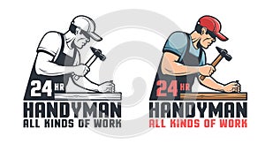 Handyman retro logo. Worker hammering nail - repair service vintage emblem photo