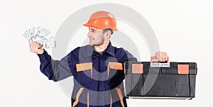 Handyman with smiling face in hard hat on white background.