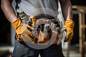 Handyman with tools belt. Detail of man hands holding work gloves and wearing tool kit on waist. Generative AI