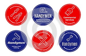 Handymen service circle blue and red badge promo advertising set vector illustration