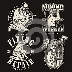 Handymen and workers monochrome labels set