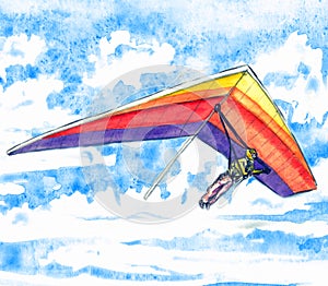Hang glider on a bright colorful aircraft, sky with clouds landscape in soft colors palette, hand painted watercolor