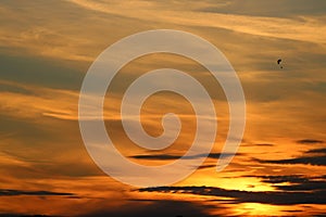 Hang glider in colored sunset sky