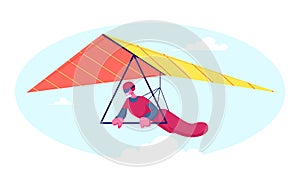 Hang Glider in Helmet and Uniform Soaring Thermal Updrafts Suspended on Harness Below the Wing