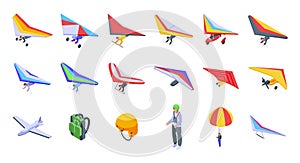 Hang glider icons set, isometric style