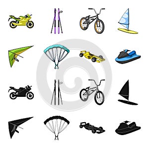 Hang glider, parachute, racing car, water scooter.Extreme sport set collection icons in black,cartoon style vector