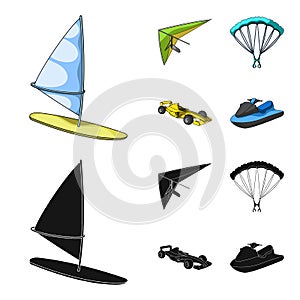 Hang glider, parachute, racing car, water scooter.Extreme sport set collection icons in cartoon,black style vector