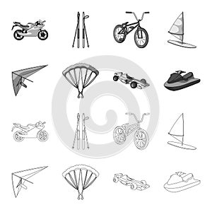 Hang glider, parachute, racing car, water scooter.Extreme sport set collection icons in outline,monochrome style vector