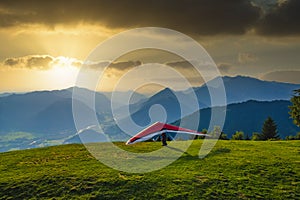 Hang glider ready to take off in magnificient Soca valley in Slovenia