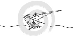 Hang gliding one line drawing, an air sport or recreational activity in which a pilot flies a light. Minimalist contour hand drawn