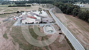 Hang gliding and paragliding station, drone view. Drone flying above paragliding field