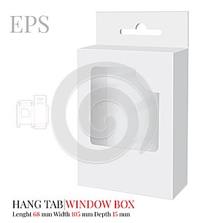 Hang Tab  Box Template, Vector with die cut / laser cut layers. Paper Hang Tab Window Box. White, clear, blank, isolated Hang Tab
