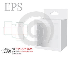 Hang Tab Box Template with window with delta hole, Vector with die cut / laser cut lines. White, clear, blank, isolated Hang Tab