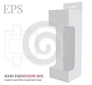 Hang Tab Window Box Template, Vector with die cut / laser cut lines. White, clear, blank, isolated Hang Tab mock up