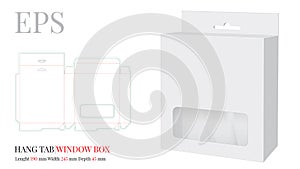 Hang Tab Window Box Template, Vector with die cut / laser cut lines. White, clear, blank, isolated Hang Tab mock up