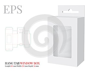 Hang Tab Window Box Template, Vector with die cut / laser cut lines. White, clear, blank, isolated Hang Tab mock up