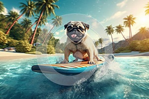 Hang Ten with Your Pug Pal Funny Dog Surfing on a Sunny Day - Generative AI