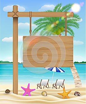 Hang wood board sign on sea beach with relax chair