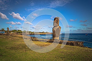 Hanga Roa, Easter Island - July 12 2017: Moai at the harbor of H