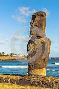 Hanga Roa, Easter Island - July 12 2017: Moai at the harbor of H