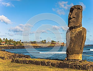 Hanga Roa, Easter Island - July 12 2017: Moai at the harbor of H