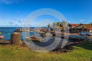 Hanga Roa, Easter Island - July 12 2017: Moai at the harbor of H