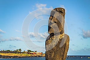 Hanga Roa, Easter Island - July 12 2017: Moai at the harbor of H